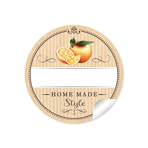 24 STICKER: "Home Made Style" im "Retro-Vintage-Style" in Natur mit liebevoll illustrierten Orangen • Papieraufkleber 4 cm, rund, matt für selbst gemachte Orangenlimonade für Kindergeburtstag, von fioniony