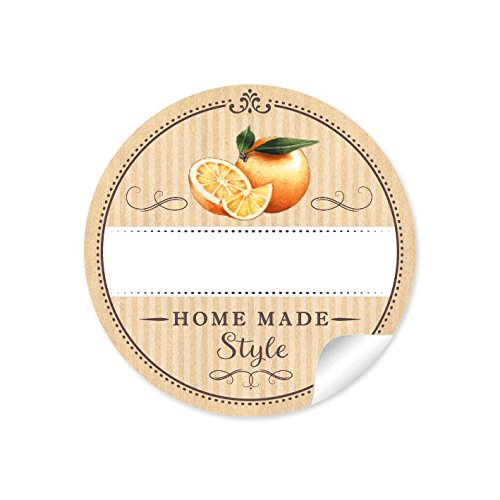 24 STICKER: "Home Made Style" im "Retro-Vintage-Style" in Natur mit liebevoll illustrierten Orangen • Papieraufkleber 4 cm, rund, matt für selbst gemachte Orangenlimonade für Kindergeburtstag, von fioniony