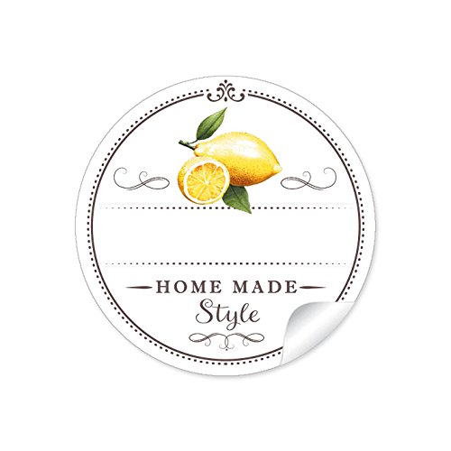 24 STICKER:"Home Made Style" im"Retro-Vintage-Style" mit liebevoll illustrierten Zitronen • Papieraufkleber 4 cm, rund, matt für selbst gemachte Orangenlimonade für Kindergeburtstag von fioniony