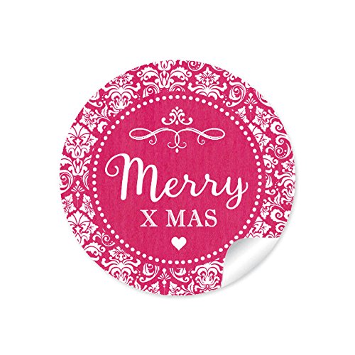 24 STICKER:"MERRY X MAS" Etiketten im"Retro-Vintage-Style" in Fuchsia ROT • Für Weihnachtsgebäck, Gastgeschenke, Weihnachtsgeschenke, Tischdeko zu Weihnachten • 4 cm, rund, matt von fioniony