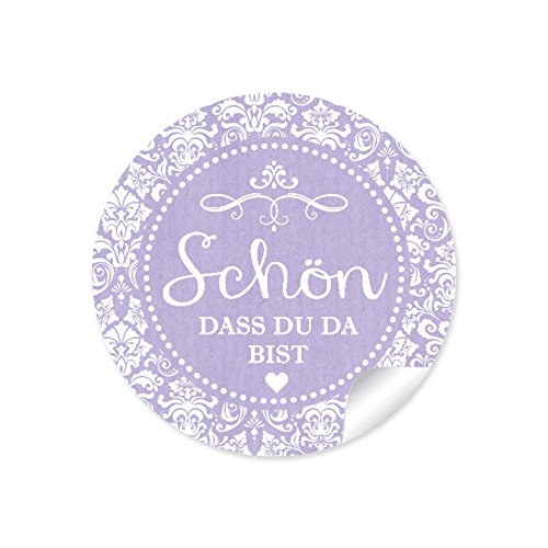 24 STICKER:"Schön, dass du da bist" Schöne Etiketten im"Shabby Chic gestreiften Packpapier Retro Look" in zartem lila mit Herz und Ornamente (4 cm, rund, matt) für Gastgeschenke von fioniony