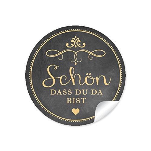 24 STICKER:"Schön, dass du da bist" Vintage Etiketten in SCHWARZ im Kreide Tafel Look mit gelber Schrift für Gastgeschenke, Hochzeitsmarmelade, Tischdeko, für Selbstgemachtes • 4 cm, rund, matt von fioniony