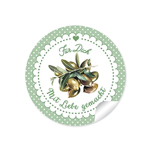 24 STICKER: Süße Aufkleber in OLIVE mit liebevoll illustrierten Oliven "Für Dich - mit Liebe gemacht" • Zum Dekorieren für Selbstgemachtes Olivenöl, Antipasti • Papieraufkleber 4 cm, rund, matt von fioniony