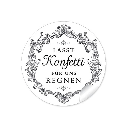 24 Sticker Lasst Konfetti für uns regnen Etiketten in SCHWARZ WEIß im Vintage-Retro-Style mit Ornamenten für Konfetti-Verpackungen zur Hochzeit 4 cm, rund, matt 24 Sticker Lasst Konfetti für uns regnen Etiketten in SCHWARZ WEIß im Vintage-Retro-Style mit Ornamenten für Konfetti-Verpackungen zur Hochzeit 4 cm, rund, matt von fioniony