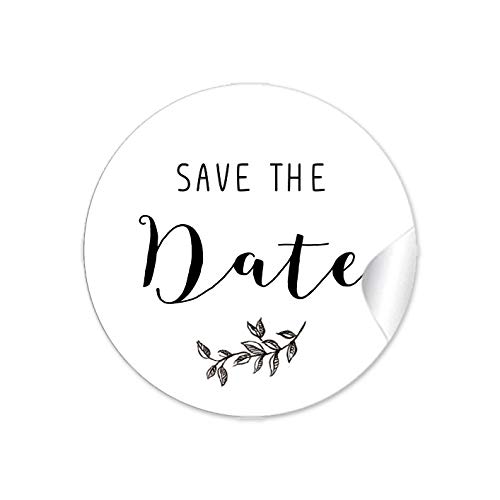 24 Sticker Save the Date Etiketten als Gastgeschenk mit Zweig in Schwarz als Siegel für Briefumschläge Anhänger oder Briefe zur Hochzeit Geburtstag Taufe, Etiketten 4 cm, rund, matt von fioniony