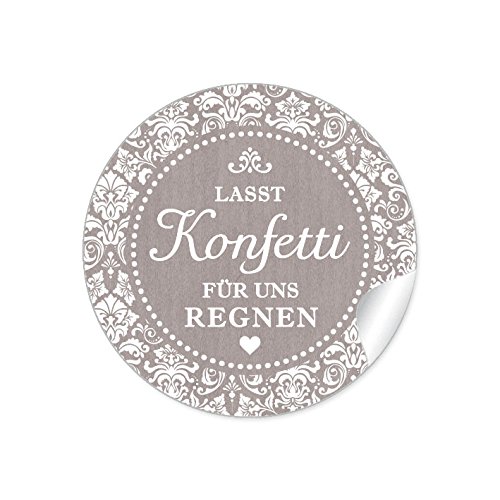 24 Sticker."Lasst Konfetti Für Uns Regnen" Etiketten Im"Retro-Vintage-Style/Shabby-Chic Packpapier Look" in Sand Für Konfetti-Verpackungen Zur Hochzeit, 4 cm, Rund, Matt von fioniony