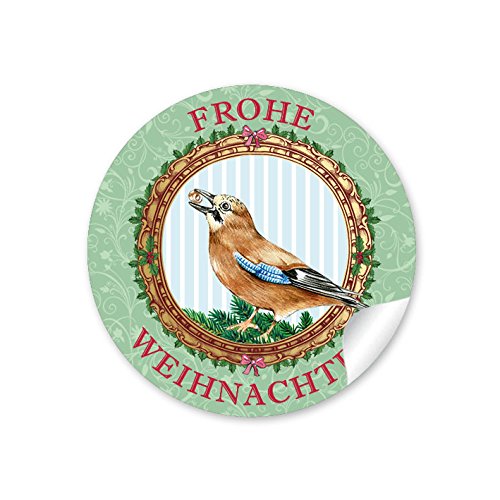 24 Weihnachtsaufkleber FROHE WEIHNACHTEN EICHELHÄHER GRÜN NOSTALGIE VINTAGE RETRO Weihnachten • Papieraufkleber Sticker Aufkleber Etiketten • Format 4 cm rund matt von fioniony