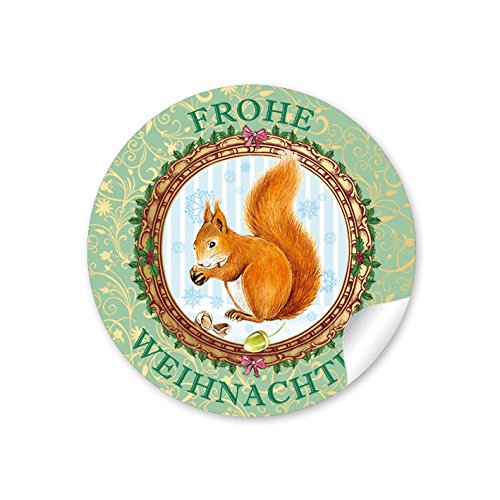 24 Weihnachtsaufkleber FROHE WEIHNACHTEN EICHHÖRNCHEN GRÜN NOSTALGIE VINTAGE RETRO Weihnachten • Papieraufkleber Sticker Aufkleber Etiketten • Format 4 cm rund matt von fioniony