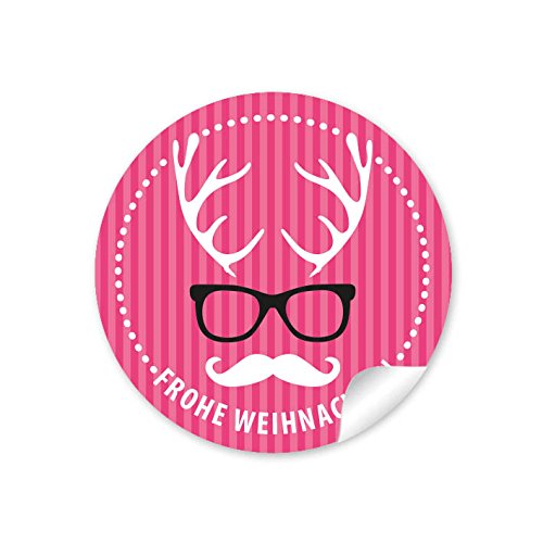 24 Weihnachtsaufkleber FROHE WEIHNACHTEN HIPSTER HIRSCH BRILLE PINK Weihnachten • Papieraufkleber Sticker Aufkleber Etiketten • Format 4 cm rund matt von fioniony