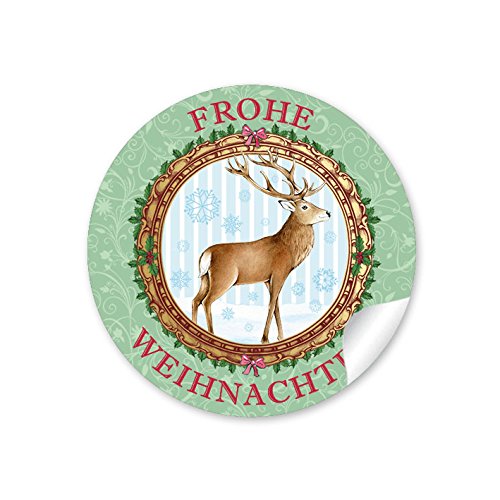 24 Weihnachtsaufkleber FROHE WEIHNACHTEN HIRSCH GRÜN NOSTALGIE VINTAGE RETRO Weihnachten • Papieraufkleber Sticker Aufkleber Etiketten • Format 4 cm rund matt von fioniony