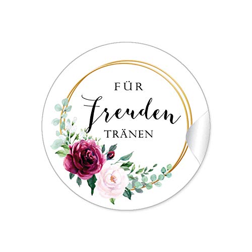 48 STICKER:"Für Freuden Tränen" Etiketten als Dekoration ihrer Hochzeit mit roter Rose und zwei Ringe in Goldgelb (kein Echtgold) für Taschentücher Verpackungen zur Trauung von fioniony