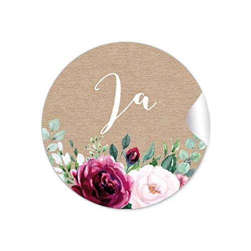 48 STICKER: "Ja" Etiketten als Dekoration ihrer Hochzeit • BOHO KRAFTPAPIER OPTIK BLÜTEN ROSEN GRÜN ROT ROSA BRAUN • Für ihre Tischdekoration oder Einladungskarten von fioniony