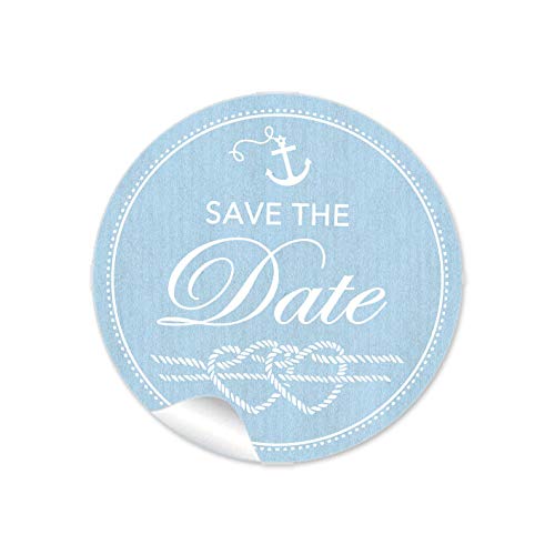 48 STICKER:"Save the Date" Etiketten mit Anker Herz aus Tau im"Maritim Look" in Blau Siegel für Briefumschläge Anhänger oder Briefe zur Hochzeit Geburtstag Taufe • 4 cm, rund, matt von fioniony