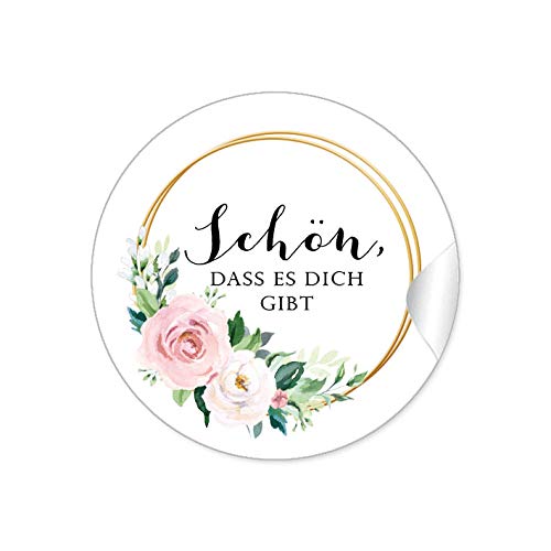 48 STICKER:"Schön, dass es dich gibt" Etiketten als Danksagung mit Rosen in Rosa und zwei Ringe in Goldgelb (kein Echtgold) als Siegel für Briefumschläge Anhänger oder Briefe zur Hochzeit Geburtstag von fioniony