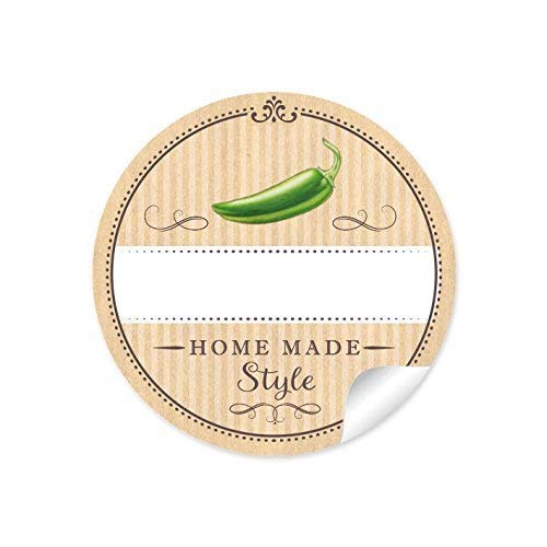 48 STICKER: Schöne Etiketten für die Küche in Natur mit grüner Chili/Peperoni"Home Made Style" mit Freitextfeld • Papieraufkleber 4 cm, rund, matt für Chili, Gewürzdosen, Glasflaschen von fioniony