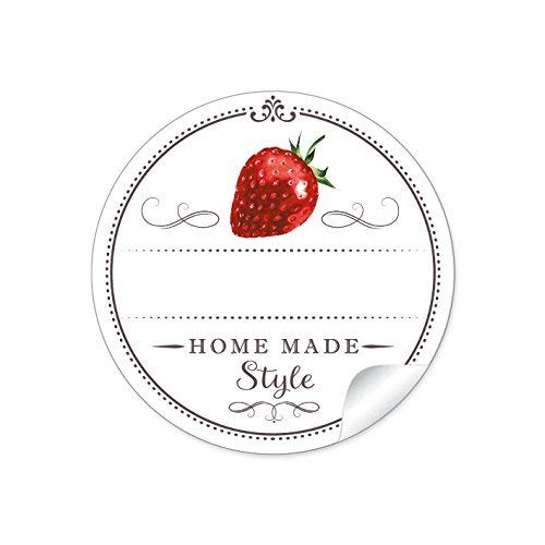 48 STICKER: Schöne Marmeladenetiketten für die Küche in weiß mit Erdbeere:"Home Made Style" mit Freitextfeld für selbstgemachte Marmelade, Einmachgläser, Glasflaschen • Format 4 cm, rund, matt von fioniony