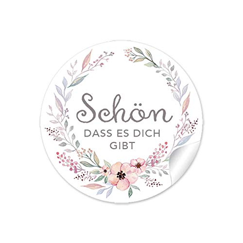 72 STICKER Schön dass es dich gibt PASTELLFARBEN Blütenkranz, Gastgeschenke Taufe Geburt Hochzeit Kommunion Konfirmation Hochzeitsmarmelade Geburtstag Tischdeko Selbstgemachtes, 4 cm, rund, matt von fioniony