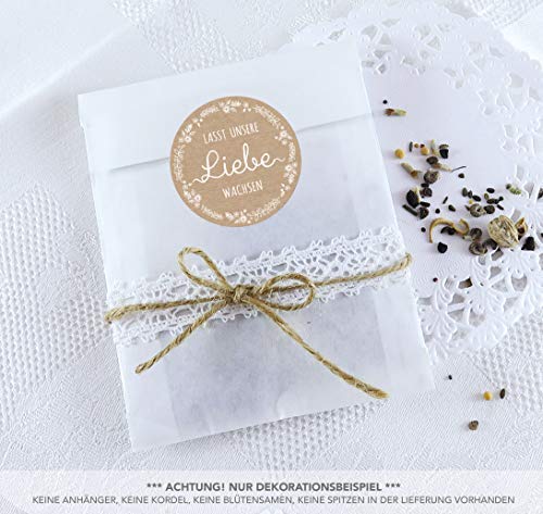 Blütensamen Tüten Set 24 Sticker LASST UNSERE LIEBE WACHSEN NATUR KRAFTPAPIER LOOK 4 cm matt rund + 24 Flachbeutel weiß 130 x 95 + 16 mm Hochzeit Taufe Blüten Samen Gastgeschenke Deko Geburtstag von fioniony