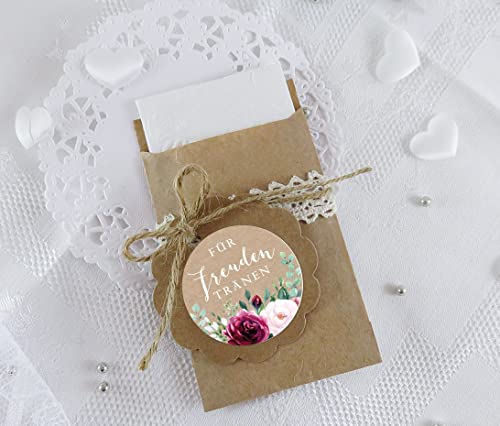 Freuden Tränen Taschentücher Set zur Hochzeit 24 Sticker + 24 braune Flachbeutel 63 x 93 mm Freudentränen Taschentuch Verpackung BOHO ROSEN EUKALYPTUS BLATT KRAFTPAPIER LOOK ROT ROSA von fioniony