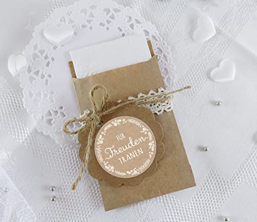 Freuden Tränen Taschentücher Set zur Hochzeit 48 Sticker + 48 braune Flachbeutel Kraftpapier - 63 x 93 mm für Freudentränen Taschentuch Verpackungen Aufkleber NATUR Kraftpapier Look von fioniony