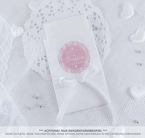 Freuden Tränen Taschentücher Set zur Hochzeit Groß 48 Sticker + 48 weiße Flachbeutel - 63 x 93 mm für Freudentränen Taschentuch Verpackungen Aufkleber in ROSA mit Ornamenten im Shabby Chic Look von fioniony