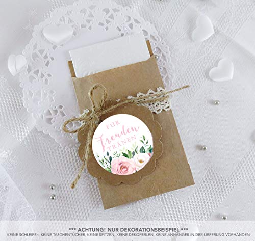 Freuden Tränen Taschentücher Set zur Hochzeit Klein 24 Sticker + 24 braune Flachbeutel 63 x 93 mm Freudentränen Taschentuch Verpackung BOHO HIPPIE ROSEN EUKALYPTUS BLATT WEIß ROT ROSA BLAU GRÜN von fioniony