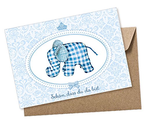 Glückwunschkarte zur Geburt Baby Grußkarte Postkarte A6 für ein Junge ELEFANT blau - Schön, dass du da bist - mit Umschlag klimaneutral gedruckt von fioniony