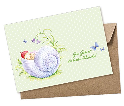 Glückwunschkarte zur Geburt Baby Grußkarte Postkarte A6 für ein Mädchen Junge Baby Däumling Wichtel in Schneckenhaus - Zur Geburt die besten Wünsche - grün - mit Umschlag klimaneutral gedruckt von fioniony