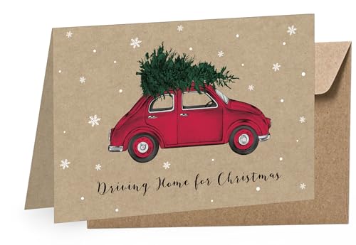 fioniony A6 Grußkarte Weihnachten Weihnachtskarte AUTO TANNENBAUM ROT - DRIVING HOME FOR CHRISTMAS mit Umschlag klimaneutral gedruckt auf original Kraftpapier HERGESTELLT IN D von fioniony