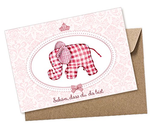 fioniony Glückwunschkarte zur Geburt Baby Grußkarte Postkarte A6 für ein Mädchen ELEFANT rosa - Schön, dass du da bist - mit Umschlag klimaneutral gedruckt von fioniony
