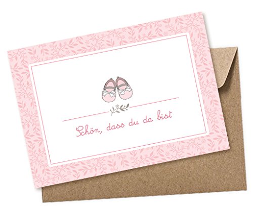 fioniony Glückwunschkarte zur Geburt Baby Grußkarte Postkarte für ein Mädchen BABY SCHUHE rosa - Schön, dass du da bist - mit Umschlag klimaneutral gedruckt von fioniony