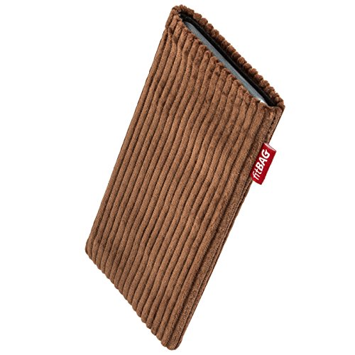 fitBAG Retro Braun Handytasche Tasche aus Cord-Stoff mit Microfaserinnenfutter für HTC Desire 20 Pro | Hülle mit Reinigungsfunktion | Made in Germany von fitBAG