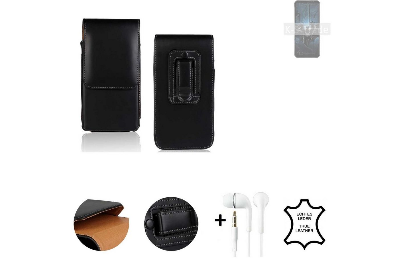 K-S-Trade Handyhülle für Asus ROG Phone 6 Batman Edition Snapdragon, Leder Gürteltasche + Kopfhörer Seitentasche Belt pouch Holster von flat.design