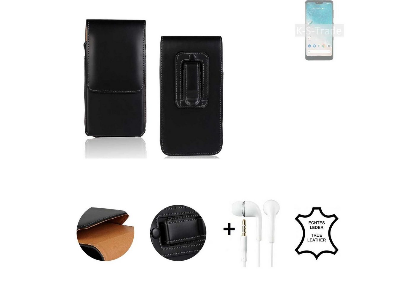 K-S-Trade Handyhülle für Huawei Honor X10 Lite, Leder Gürteltasche + Kopfhörer Seitentasche Belt pouch Holster von flat.design