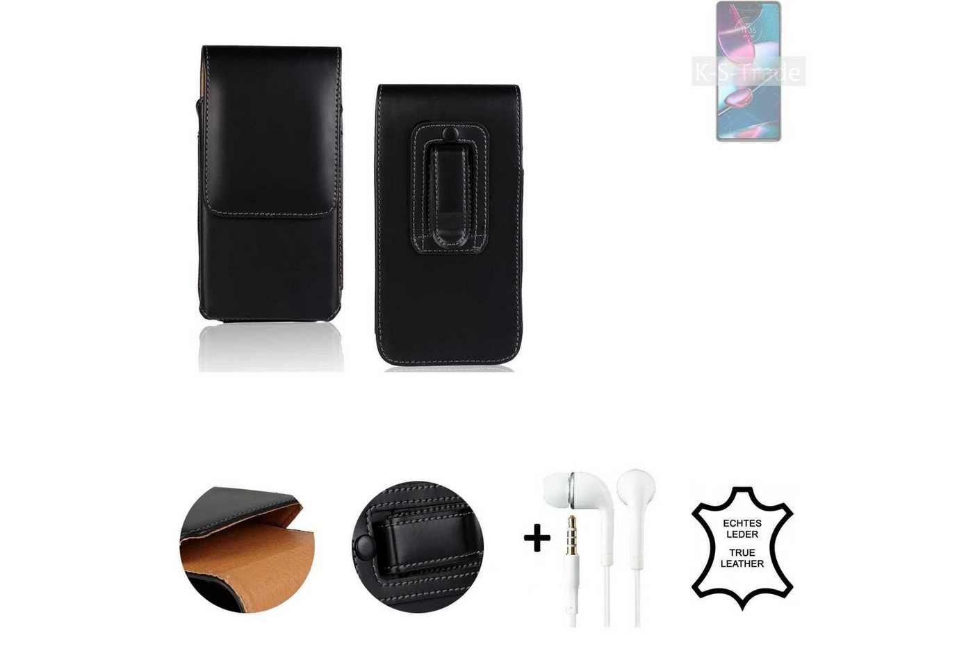 K-S-Trade Handyhülle für Motorola Edge Plus 2022, Leder Gürteltasche + Kopfhörer Seitentasche Belt pouch Holster von flat.design