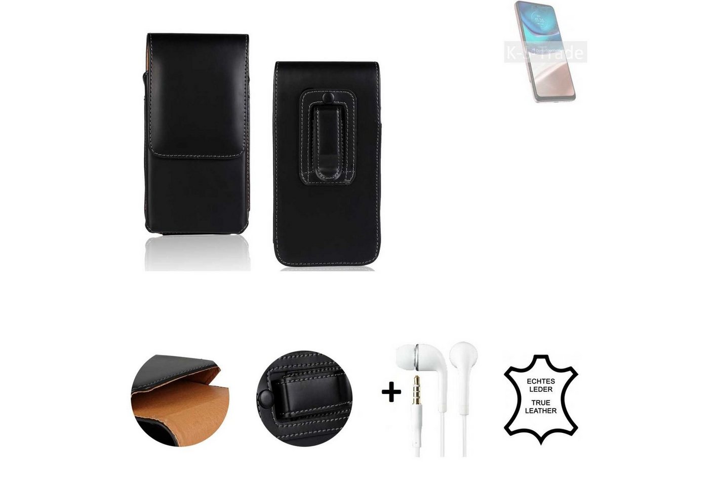 K-S-Trade Handyhülle für Motorola Moto G42, Leder Gürteltasche + Kopfhörer Seitentasche Belt pouch Holster von flat.design