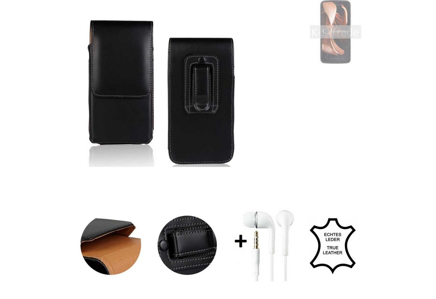 K-S-Trade Handyhülle für Motorola Razr 2022, Leder Gürteltasche + Kopfhörer Seitentasche Belt pouch Holster von flat.design