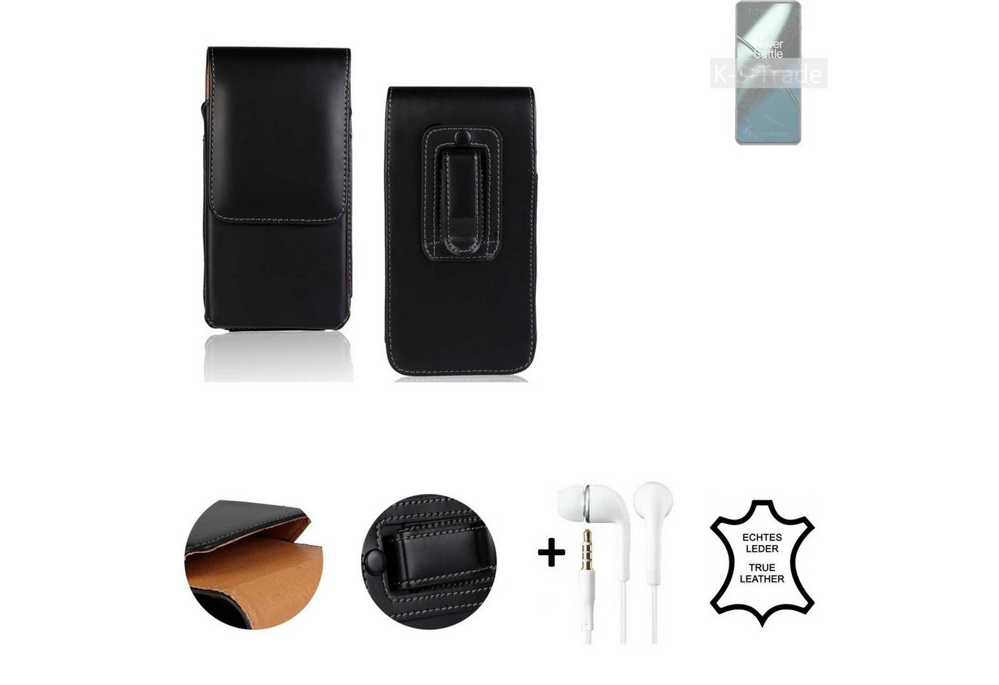 K-S-Trade Handyhülle für OnePlus 11, Leder Gürteltasche + Kopfhörer Seitentasche Belt pouch Holster von flat.design