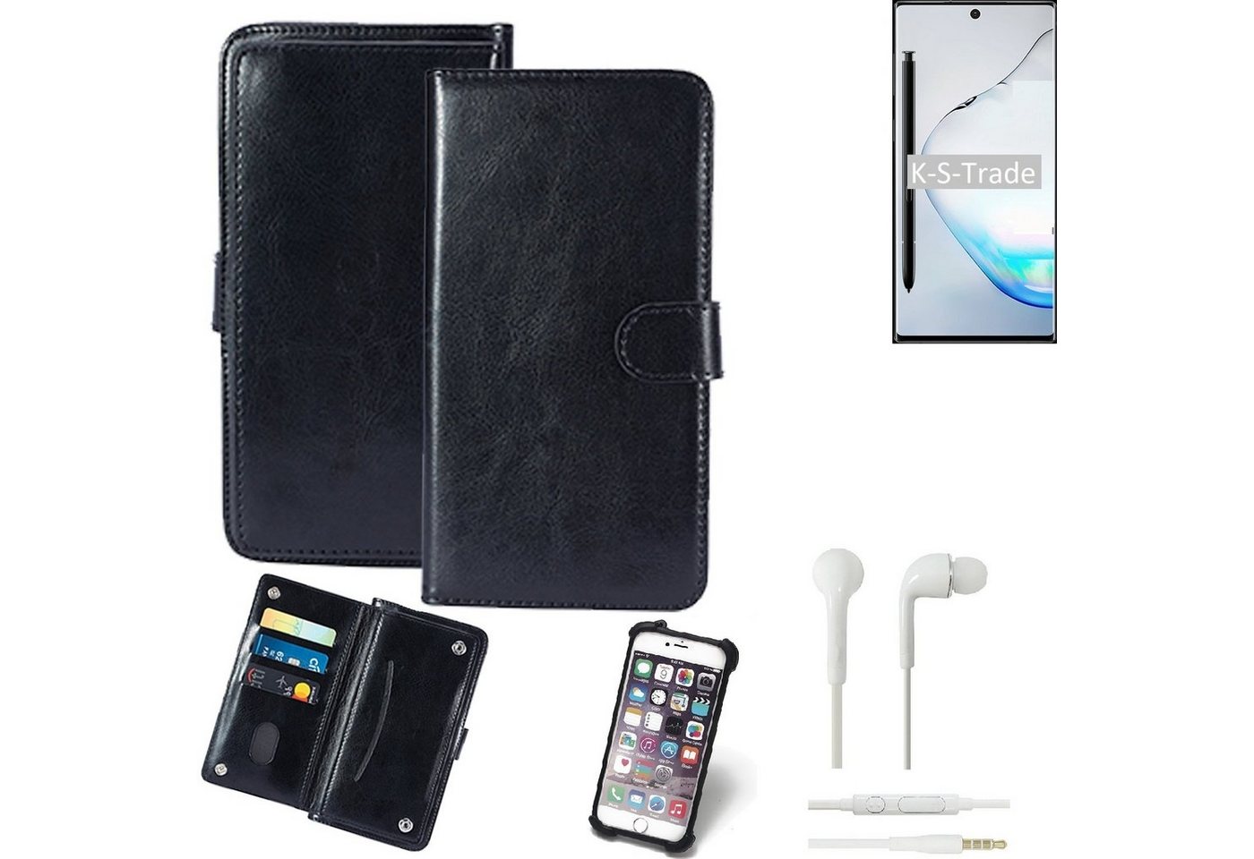 K-S-Trade Handyhülle für Samsung Galaxy Note 10, 360° Hülle inkl. Headphones schwarz Kunstleder Case BookCase von flat.design