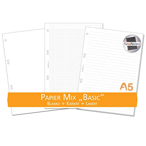 flexiNotes PAPIER A5, 75 Blatt Notizpapier Typ: Basic, Mix-01 (kariert-liniert-blanko) von flexiNotes