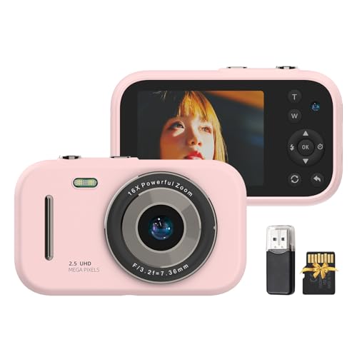 FLEXMAN Digitalkamera, 1080P 48MP 16 Facher Digitalzoom, Tragbare Videokamera mit 2,8 Zoll Bildschirm, 32 GB TF Karte, USB Kartenleser Zum Spielen und Musikhören, Kompaktkamera (Rosa) von flexman