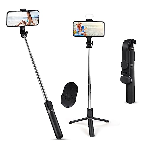 Flintronic Selfie Stick, Erweiterbar 3 in 1 Aluminium Selfie Stange, Bluetooth Selfie-Stange mit Fülllicht und Kabelloser Fernbedienung, Langes 100cm, für iPhone Samsung Smartphones Kamera, Schwarz von flintronic