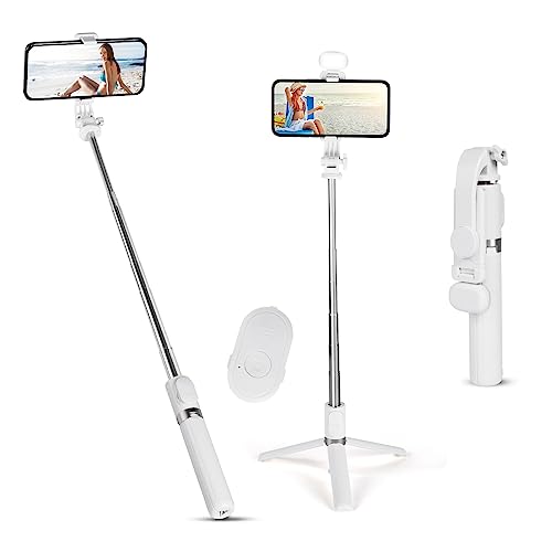 Flintronic Selfie Stick, Erweiterbar 3 in 1 Aluminium Selfie Stange, Bluetooth Selfie-Stange mit Fülllicht und Kabelloser Fernbedienung, Langes 100cm, für iPhone Samsung Smartphones Kamera, Weiß von flintronic