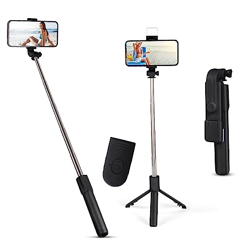 Flintronic Selfie Stick, Erweiterbar 3 in 1 Aluminium Selfie Stange, Bluetooth Selfie-Stange mit Fülllicht und Kabelloser Fernbedienung, Langes 70cm, für iPhone Samsung Smartphones Kamera, Schwarz von flintronic