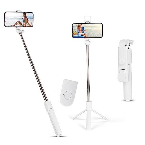 Flintronic Selfie Stick, Erweiterbar 3 in 1 Aluminium Selfie Stange, Bluetooth Selfie-Stange mit Fülllicht und Kabelloser Fernbedienung, Langes 70cm, für iPhone Samsung Smartphones Kamera, Weiß von flintronic