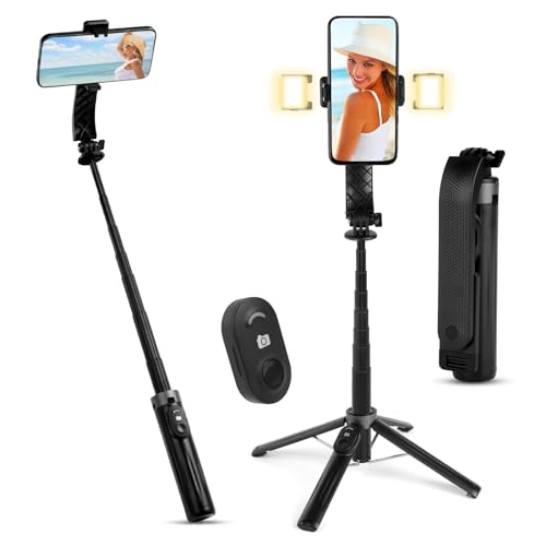 Flintronic Selfie Stick Quad-Stativ, Erweiterbar 3 in 1 Aluminium Selfie Stange, Bluetooth Selfie-Stange mit Abnehmbarer Fülllicht und Kabelloser Fernbedienung, für iPhone Samsung Smartphones Kamera von flintronic