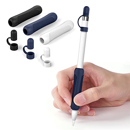 flintronic 6 Stück Silikon Griff Set, für Apple Pencil 1. und 2. Generation Schutzhülle Zubehör, Ergonomisches Ärmelzubehör Design (3 Stück Griff+3 Stück Stift Kappe Schutzhülle, Weiß+Schwarz+Blau) von flintronic