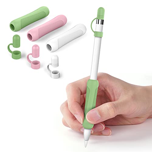 flintronic 6 Stück Silikon Griff Set, für Apple Pencil 1. und 2. Generation Schutzhülle Zubehör, Ergonomisches Ärmelzubehör Design (3 Stück Griff + 3 Stück Stift Kappe Schutzhülle, Weiß+Grün+Rosa) von flintronic
