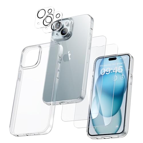 flintronic Clear Case kompatibel mit iPhone 15 6,1", Handyhülle Case für iPhone 15, mit 2 Folie + 2 Kameraschutz, Vergilbungsfreie, Stoßfeste, Kratzfeste Rückseite von flintronic