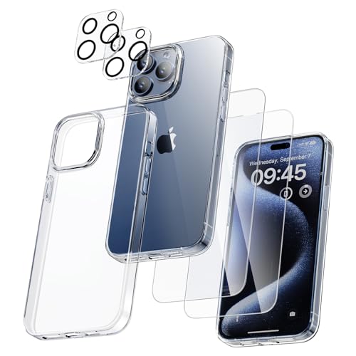 flintronic Clear Case kompatibel mit iPhone 15 Pro 6,1", Handyhülle Case für iPhone 15 Pro, mit 2 Folie + 2 Kameraschutz, Vergilbungsfreie, Stoßfeste, Kratzfeste Rückseite von flintronic